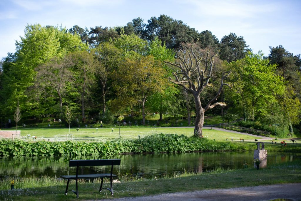 Midden in het gedenkpark ligt de vijver, waar bezoekers op een bankje kunnen zitten en uitkijken over het park